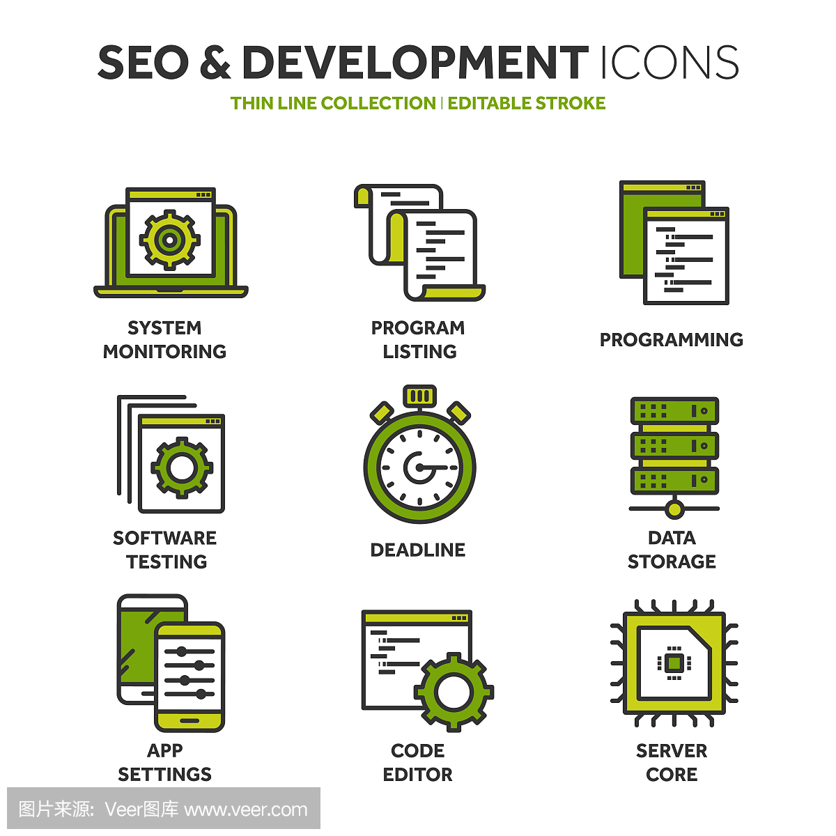 Seo和應(yīng)用程序開發(fā)。搜索引擎優(yōu)化。互聯(lián)網(wǎng)、電子商務(wù)。細線藍色網(wǎng)頁圖標設(shè)置。輪廓圖標集合。矢量圖